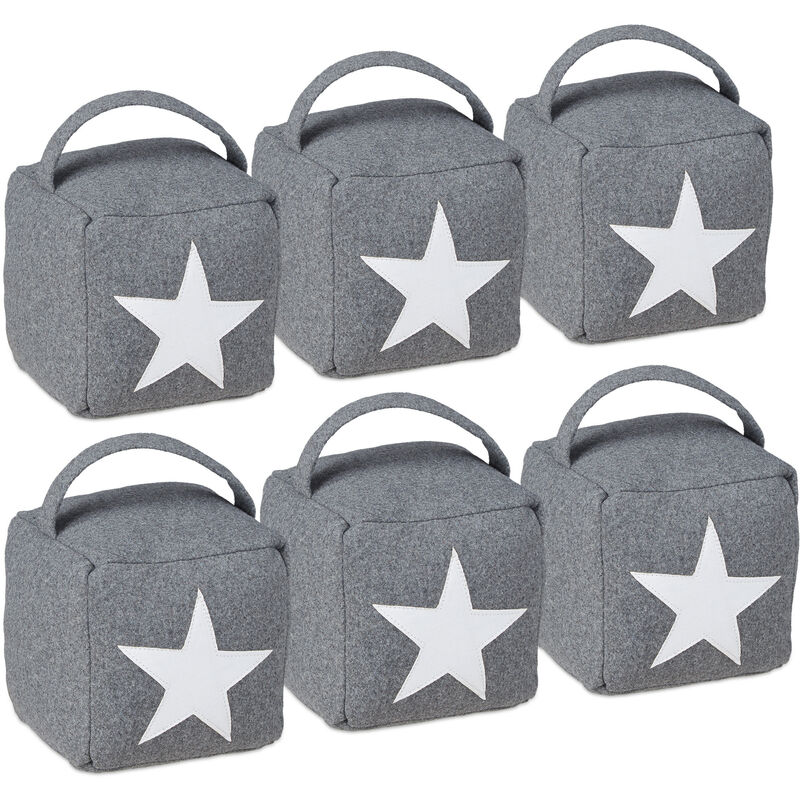 Relaxdays - Set of 6 Star Door Stops, Fabric Bumper, Floor Doorstop, Tall, with Handle, HxWxD: 20 x 15 x 15 cm, Grey