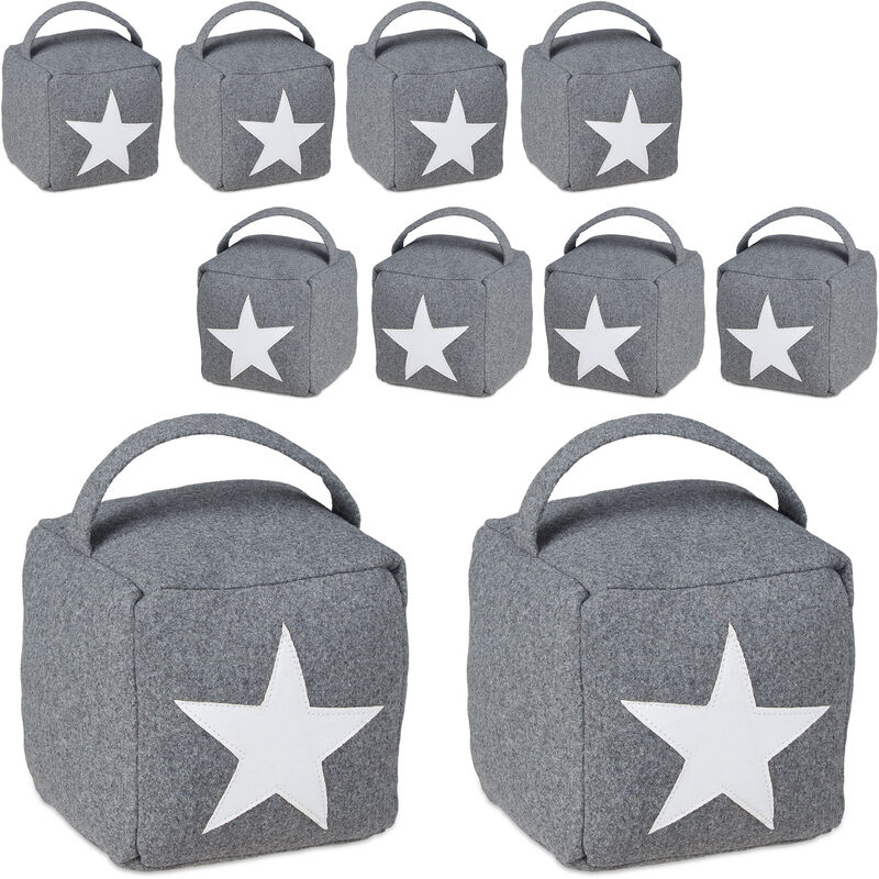 Set of 10 Relaxdays Star Door Stops, Fabric Bumper, Floor Doorstop, Tall, with Handle, HxWxD: 20 x 15 x 15 cm, Grey