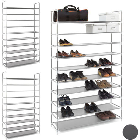 Relaxdays 3x Shoe Rack for 50 Pairs, 10 Levels, Footwear Storage Shelf, HWD: 175.5 x 100 x 29 cm, Fabric & Metal, Grey