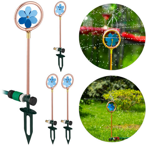   4 Aspersores Diseño Flor, Juegos Agua para Jardín, Con Estaca, Pulverizadores Agua, 55,5 x 11 cm, Cobre y Azul