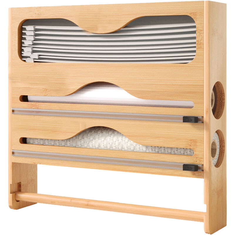Relaxdays 4-in-1 Wall Roll Holder, Kitchen Roll, Cling Film, Alu Foil & Freezer Bags, Bamboo, Hwd, 33x34.5x7cm, Natural