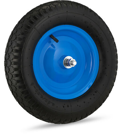 Relaxdays 4.80 4.00-8 Wheelbarrow Tyre, Pneumatic Spare Wheel, Steel Rim and Axle, Max. 120 kg, Rubber, Black/Blue