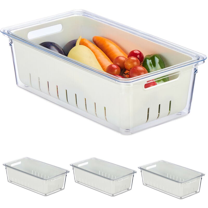 4x Fridge Organiser, Stackable, Draining Basket, Food Organiser with Lid, 10 x 32 x 17.5 cm, Transparent/White - Relaxdays