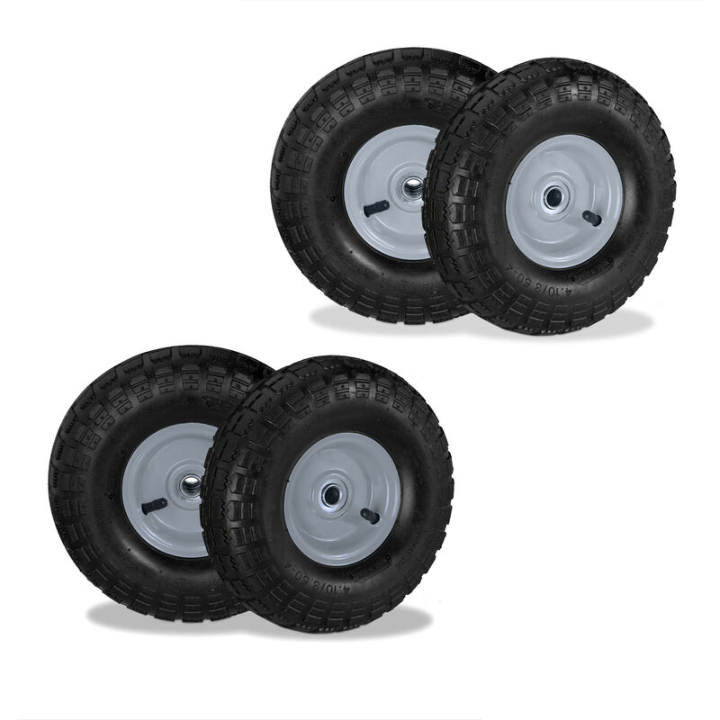 Relaxdays - Wheelbarrow Tyres, Set Of 4, 4.10/3.50-4, Pneumatic Tyre, 16 Mm Axle, 136 Kg, Steel Rim, 260x85 Mm, Black/grey