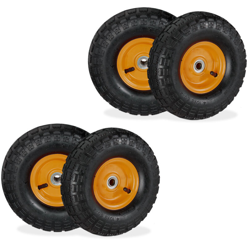 Relaxdays - Wheelbarrow Tyres, Set Of 4, 4.10/3.50-4, Pneumatic, 16 Mm Axle, 136 Kg, Steel Rim, 260x85 Mm, Black/orange