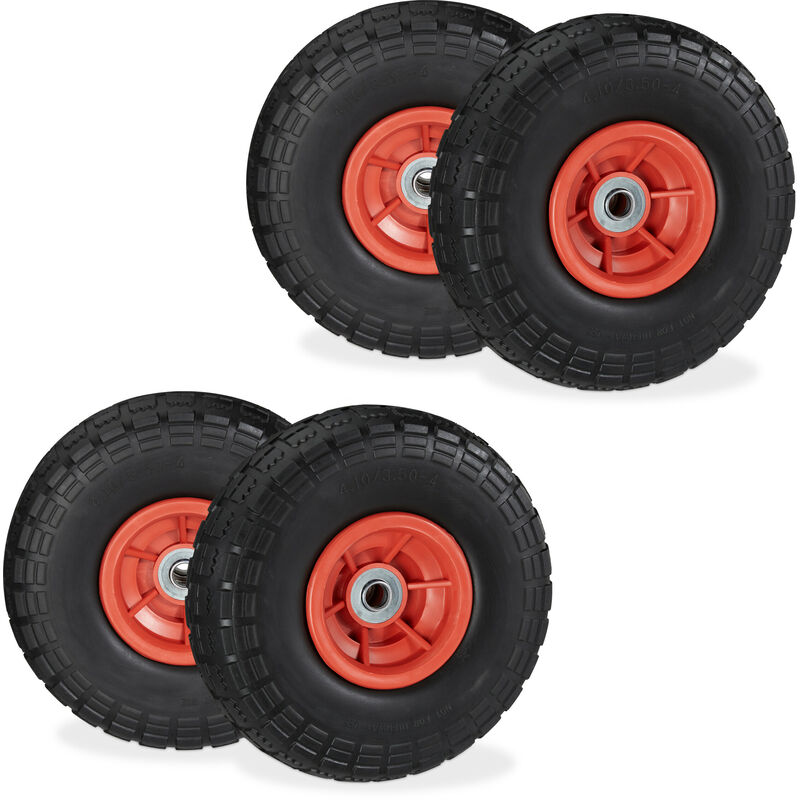 Relaxdays Wheelbarrow Tyres, Set Of 4, Puncture-proof Rubber, 4.1/3.5-4", Up To 150 Kg, 260x85 Mm, Spare Wheel, Red