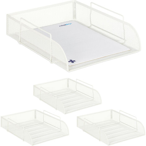 Relaxdays 4x Stackable Document Trays, DIN A4, Grid Design, Letter Rack for the Office, Metal, WxD: 25 x 34 cm, White