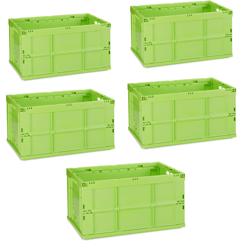 Boîte pliable couvercle, lot de 5, caisse de rangement, plastique, coffre transport 60 litres 31,5 x 58,5 x 40 cm, vert