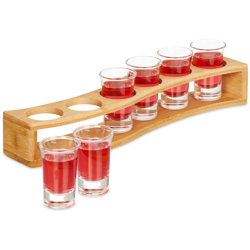 Image of 6 Bicchieri da Shot con Supporto, Bicchierini in Vetro 4 cl, Vassoio in Bambù, Idea Regalo, Marrone Chiaro - Relaxdays