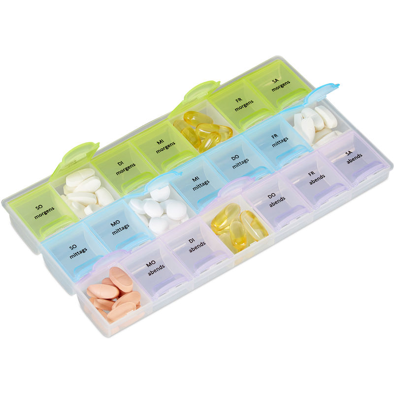 Relaxdays 7-Day Pill Box, 3 Compartments, Morning, Noon, Evening, Lidded Weekly Organiser, Transparent