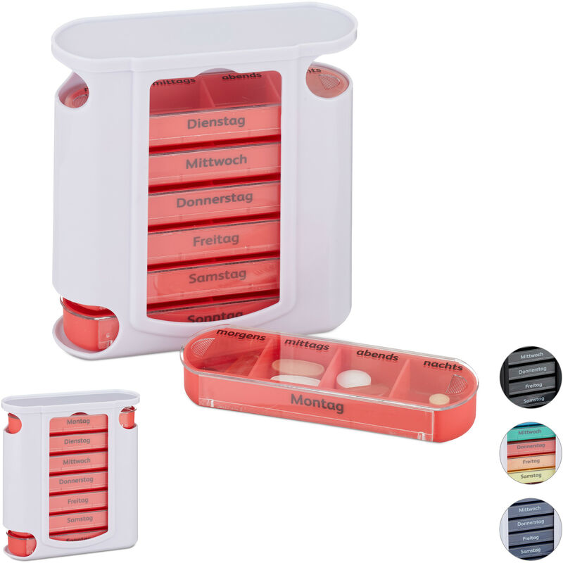 Set of 2 Relaxdays Pill Organisers 7-Day, Weekly Medicine Box, 4 Compartments, Morning, Noon, Evening, Night, Red/White