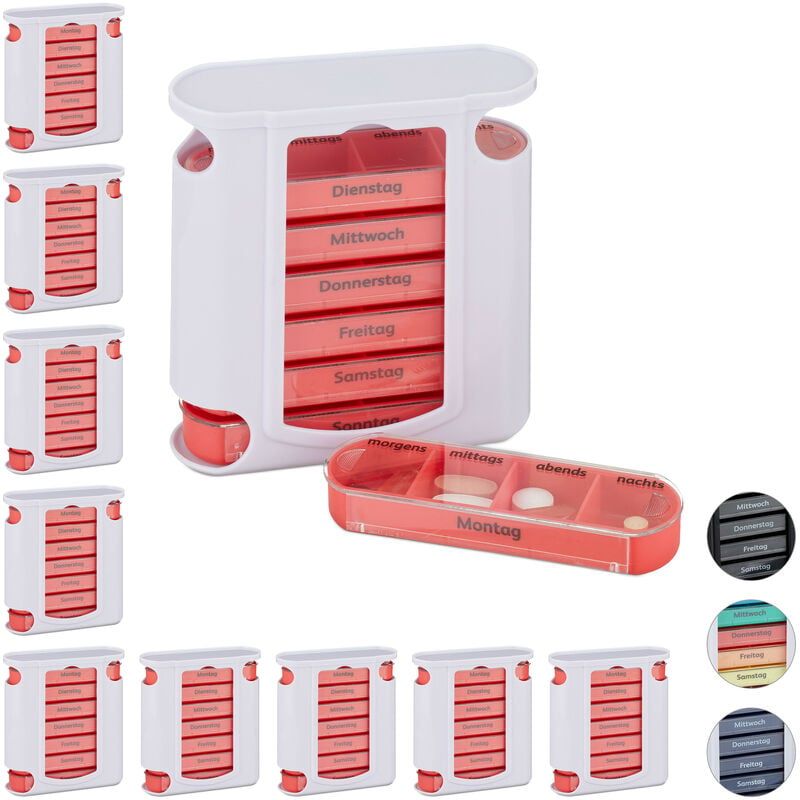 Set of 10 Relaxdays Pill Organisers 7-Day, Weekly Medicine Box, 4 Compartments, Morning, Noon, Evening, Night, Red/White