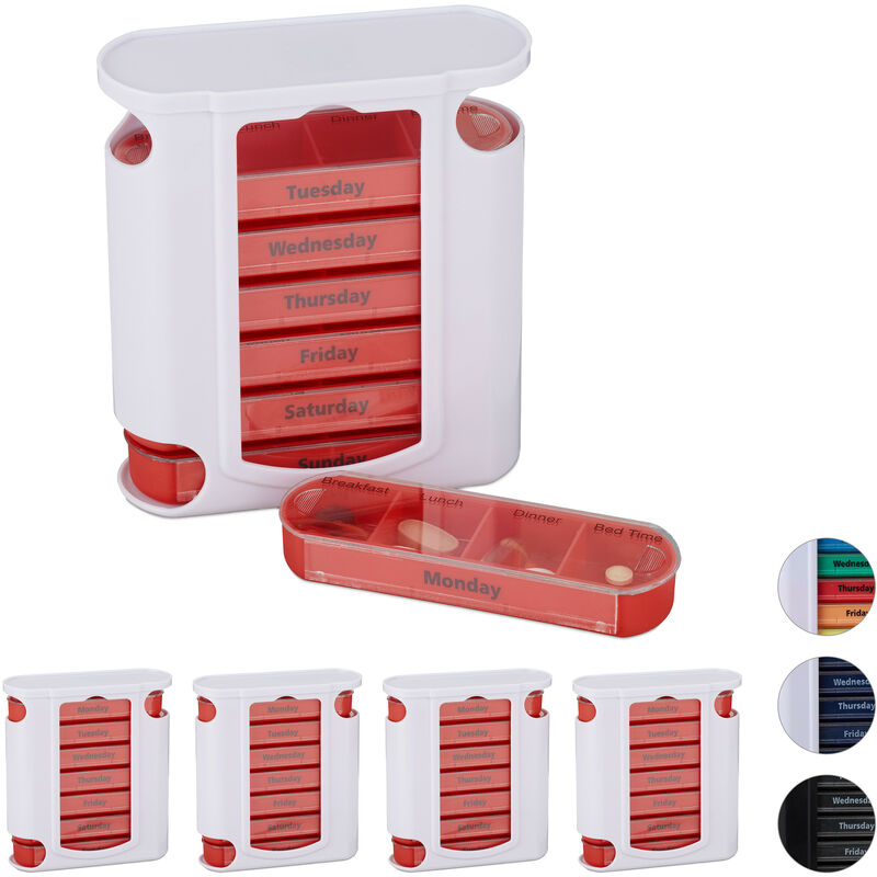 Set of 5 Relaxdays 7-Day Pill Tower, Weekly Medicine Boxes, 4 Compartments, Sliding Lids, Red/White