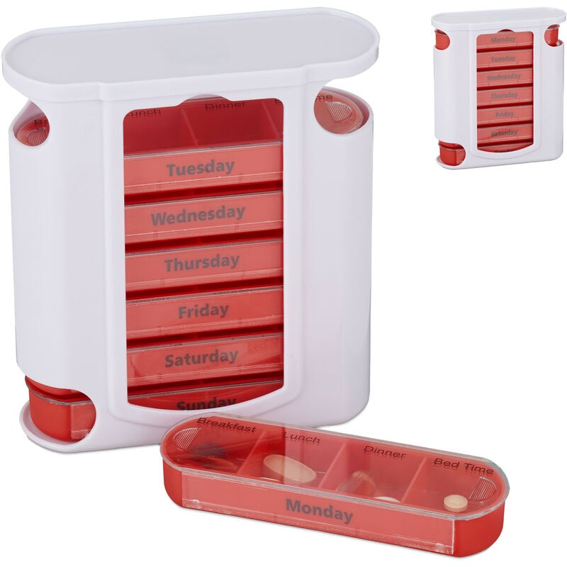 Set of 2 Relaxdays 7-Day Pill Tower, Weekly Medicine Boxes, 4 Compartments, Sliding Lids, Red/White