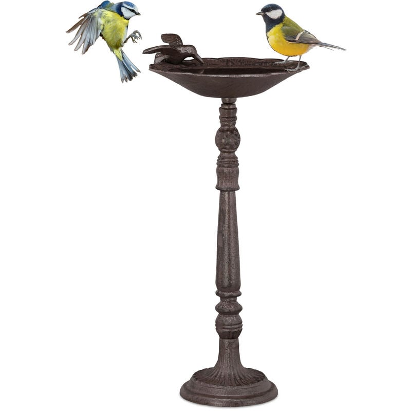 Abreuvoir en fonte sur colonne, Décoration pour jardin, mangeoire avec soucoupe pour oiseau, 40 cm, haut brun - Relaxdays