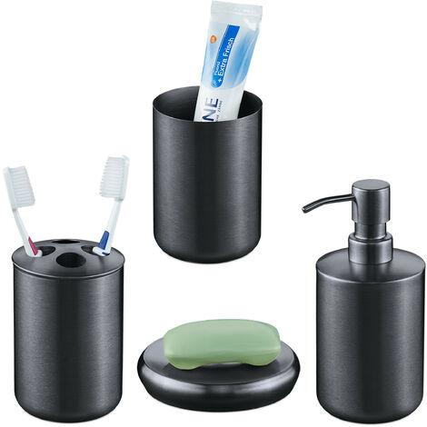 Relaxdays Accesorios Baño Acero Inoxidable, 4 Piezas, Dosificador, Jabonera, Vaso, Soporte Cepillos Dentales, Antracita