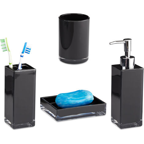   Accessoires salle de bain Set 4 pièces distributeur savon gobelet brosse à dent porte-savon plastique, noir