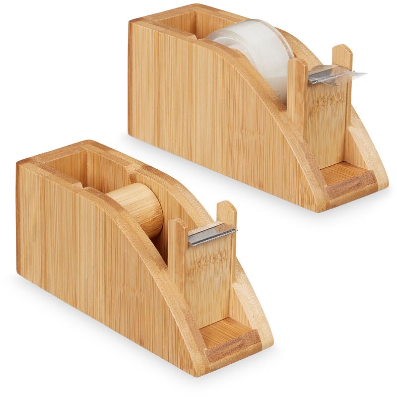 Relaxdays 2x Adhesive Tape Dispenser Bamboo, Sticky Tape Holder for 25 mm Rolls, With Cutting Blade, Crafts, Natural