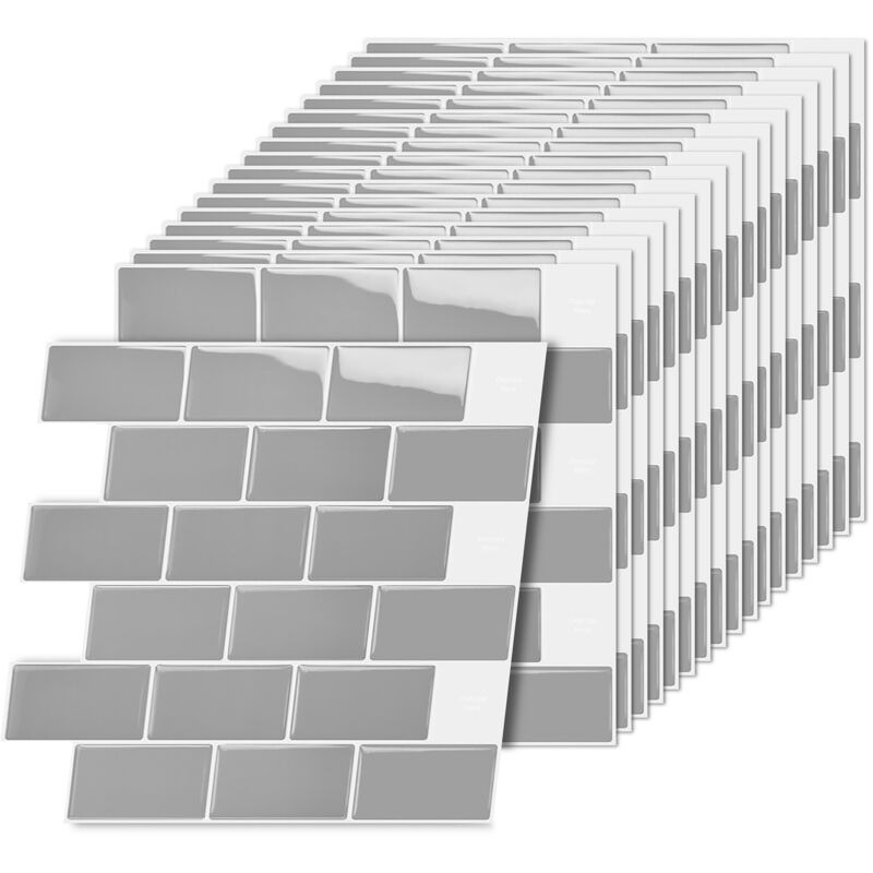 Relaxdays Adhesive Tiles, 20 Pcs, Bathroom & Kitchen, 30x30 Cm Self-adhesive 3d Tile Stickers, Cut-to-fit, Pu, Grey