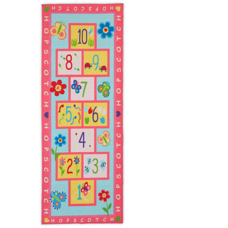 Relaxdays Alfombra Infantil con Rayuela, Alfombrilla de Juegos para Niñas, Flores y Mariposas, 179 x 67 cm, Multicolor