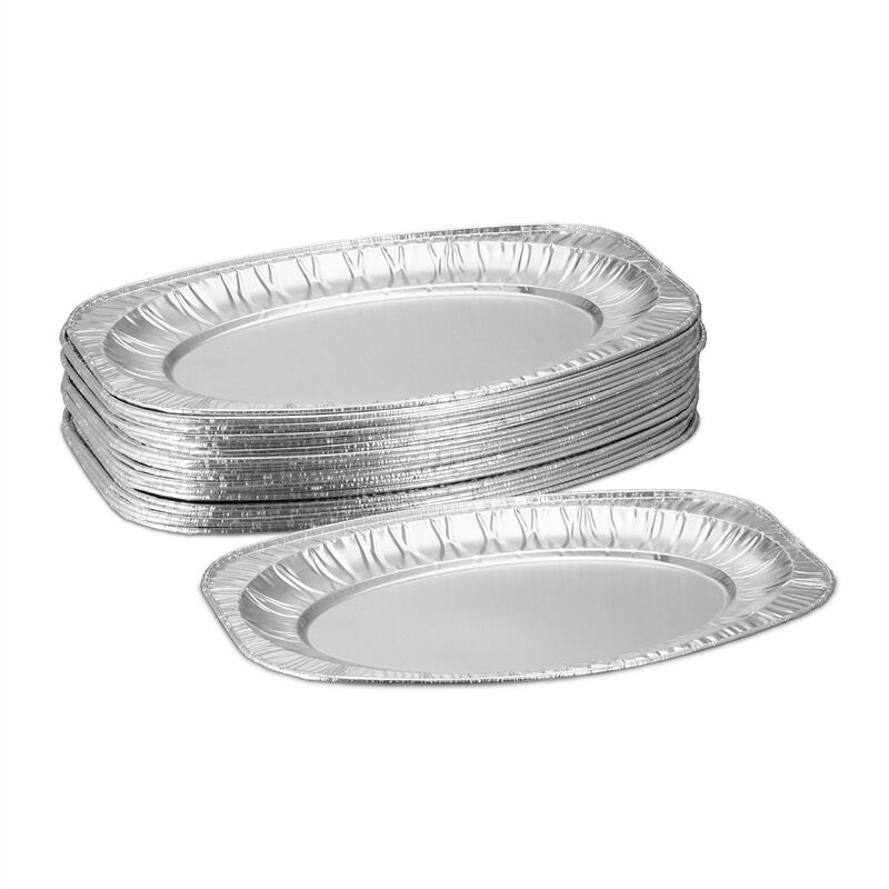 Relaxdays - Aluminium Serving Trays, Set of 25, hwd: 4.5 x 35 x 24 cm, Oval Barbecue Dishes, Drip Pans, Grilling, Silver