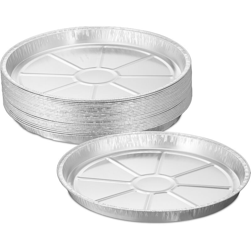 Relaxdays - Aluminium Serving Trays, Set of 25, HxØ: 3 x 27.5 cm, Round Barbecue Dishes, Drip Pans, Grill Plates, Silver