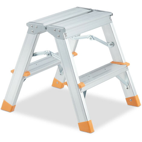Relaxdays Aluminium Stepladder, Folding, 2 Tread, Ladder up to 150 kg, Double-Sided, Step Stool, Silver/Orange