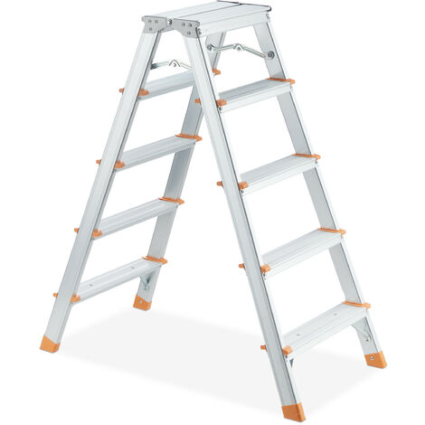 Relaxdays Aluminium Stepladder, Folding, 5 Tread, Ladder up to 150 kg, Double-Sided, Step Stool, Silver/Orange
