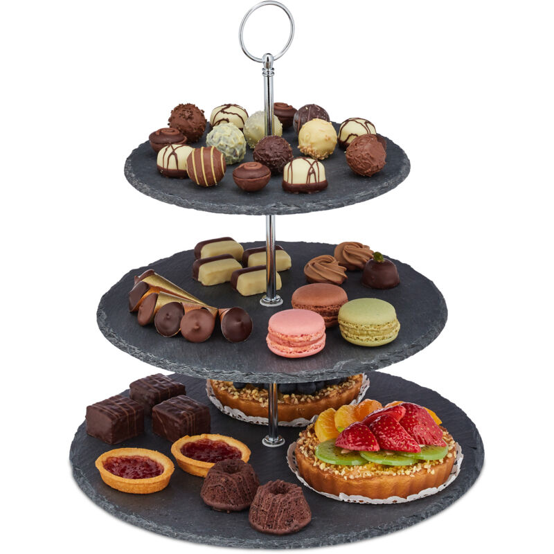 Set Of 2 Relaxdays Serving Stand, 3-tiers, Slate, Afternoon Tea, Cakes & Snacks, Étagère, Hxø 34 X 30 Cm, Grey/silver