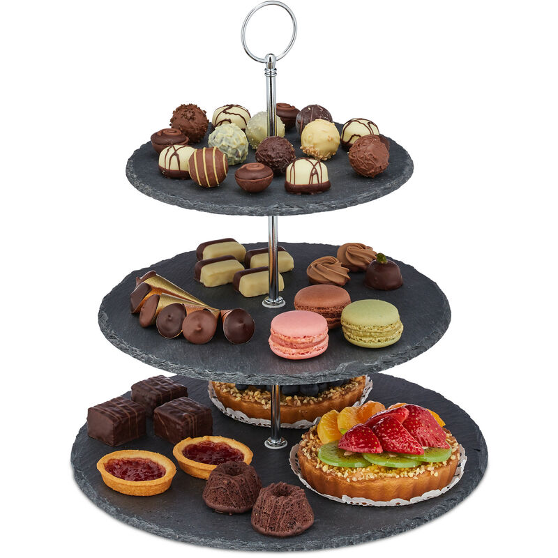 Relaxdays Serving Stand, 3-tiers, Slate, Afternoon Tea, Cakes & Snacks, Fruit, Étagère, Hxø 34 X 30 Cm, Grey/silver