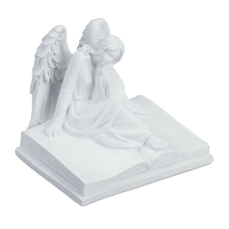 Relaxdays Ángel Tumbas, Resistente Intemperie y Heladas, 15x17,5x15,5cm, Angelito Fúnebre en Libro, Poliresina, Blanco