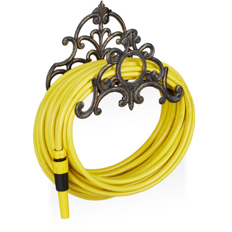 Relaxdays Antique Hose Holder, Cast Iron, Vintage Look, Wall-Mounted, HxWxD: 24 x 31.5 x 15 cm, Garden Hose Hanger, Bronze