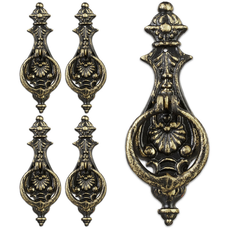 Relaxdays Set Of 5 Antique Knockers, Cast Iron, Embellished Ring, For Front Door, Hxwxd, 24 X 8.5 X 3 Cm, Bronze/black