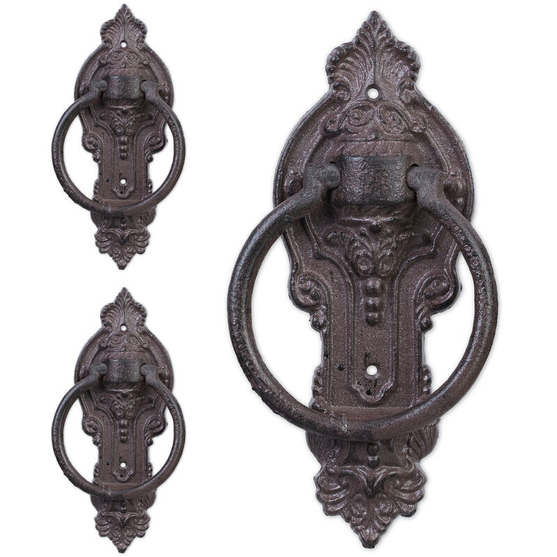 Relaxdays Set Of 3 Antique-style Knockers, Cast Iron, Embellished Ring, For Front Door, 25.5 X 10.5 X 2.5 Cm, Brown