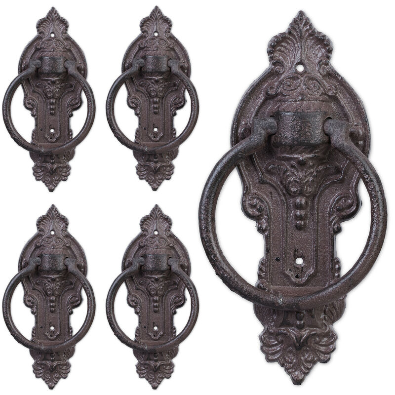 Relaxdays Set Of 5 Antique-style Knockers, Cast Iron, Embellished Ring, For Front Door, 25.5 X 10.5 X 2.5 Cm, Brown