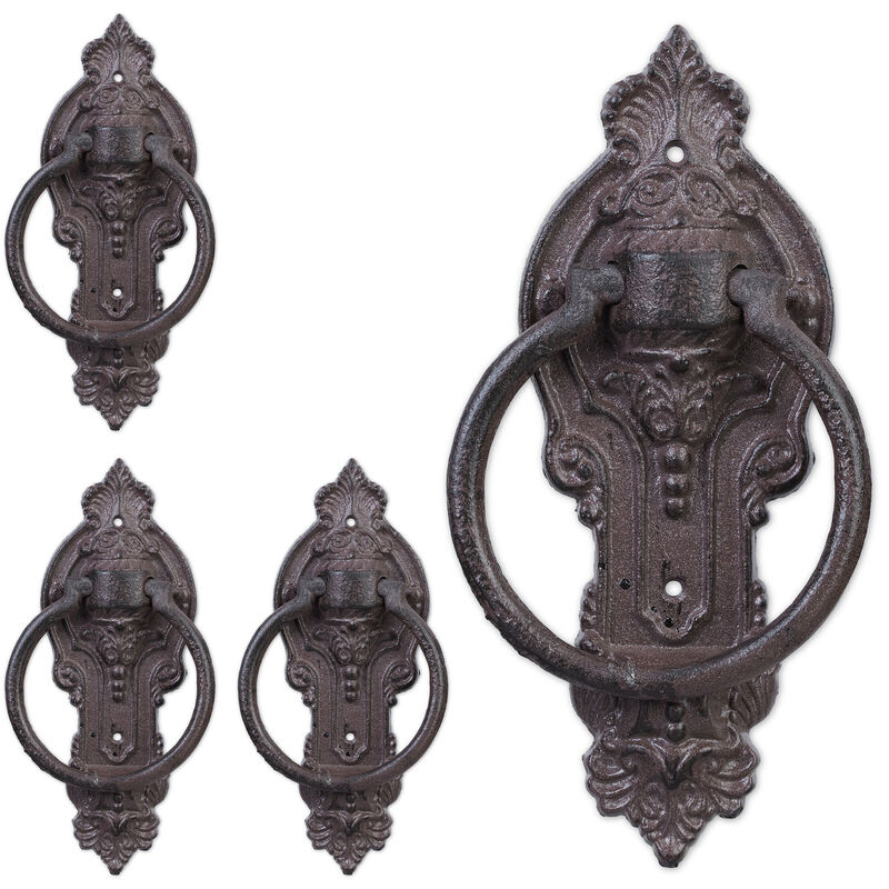 Relaxdays Set Of 4 Antique-style Knockers, Cast Iron, Embellished Ring, For Front Door, 25.5 X 10.5 X 2.5 Cm, Brown