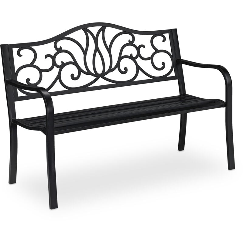 Relaxdays antique-looking garden bench, 2 seater, outdoor seating, park bench, steel, 127.5 x 63 x 90 cm (LxWxH), black