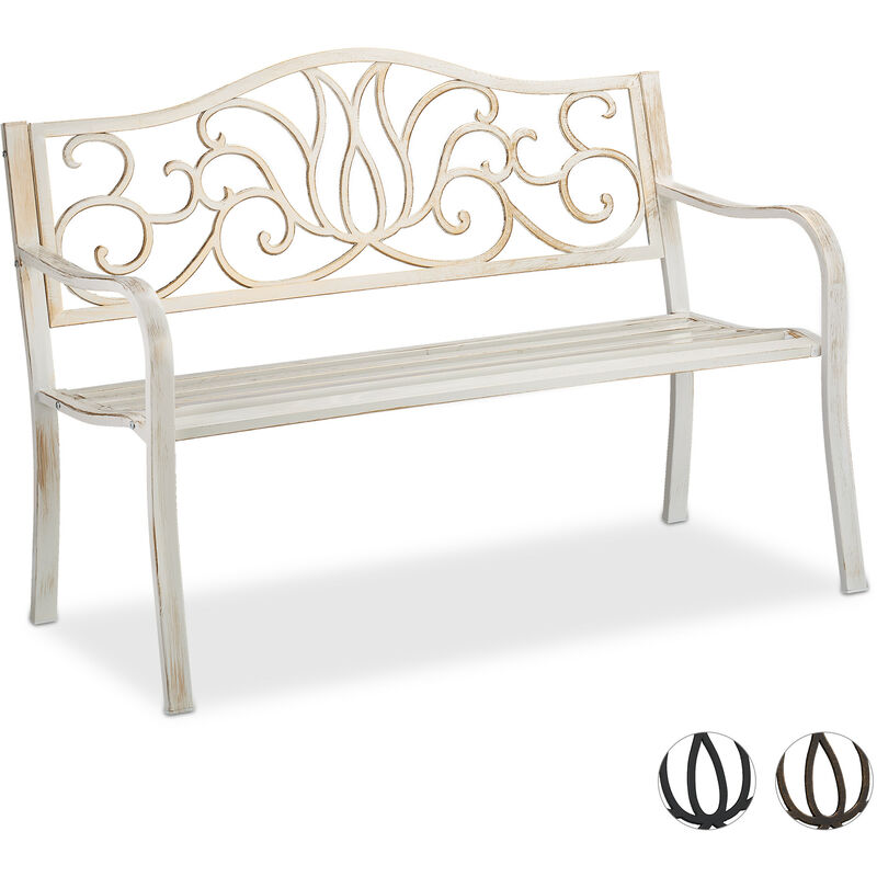 Relaxdays antique-looking garden bench, 2 seater, outdoor seating, park bench, steel, 127.5 x 63 x 90 cm, white-bronze