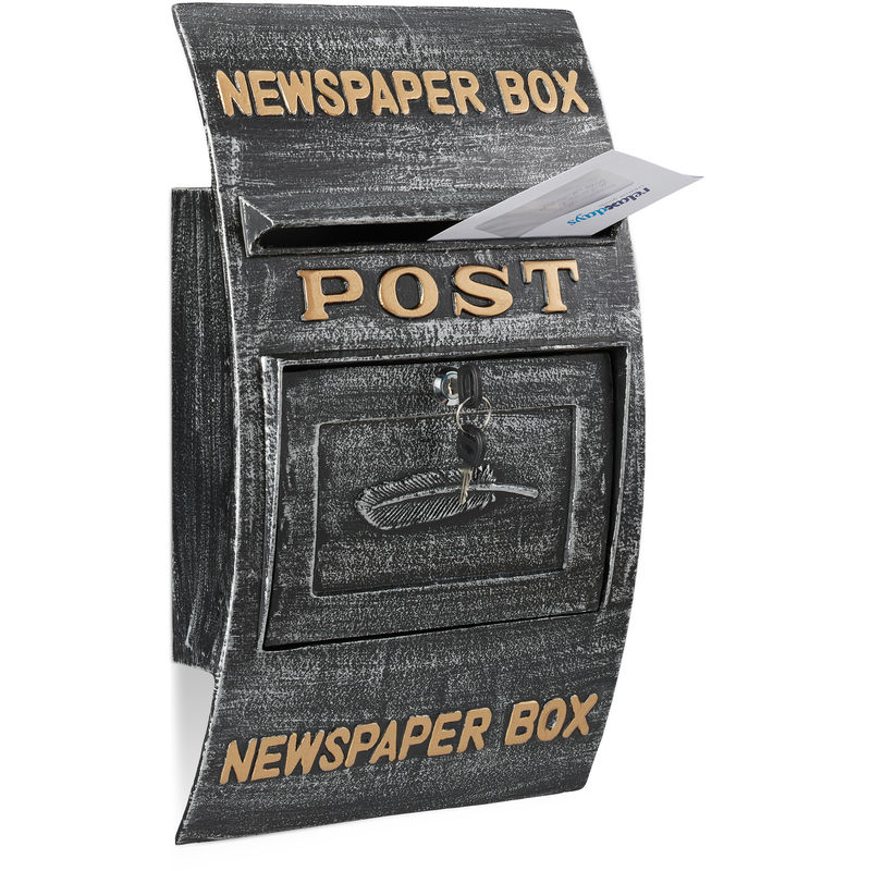 Relaxdays Antique-Style Letterbox, Newspaper, Slogan, Large Wall Mail Box, HxWxD: 49 x 29 x 9 cm, Black-Silver