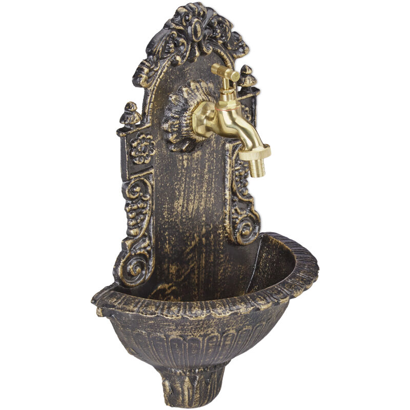 Relaxdays Antique Wall Water Fountain, Faucet, Nostalgic, Garden Basin, Cast Aluminium, Hwd 40 X 24.5 X 13 Cm, Black