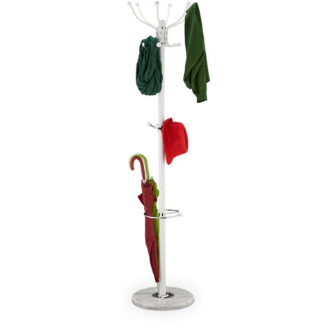 Relaxdays Appendiabiti con portaombrelli, 16 ganci, 176,5 x 36,5 cm, base in marmo, autoportante, bianco