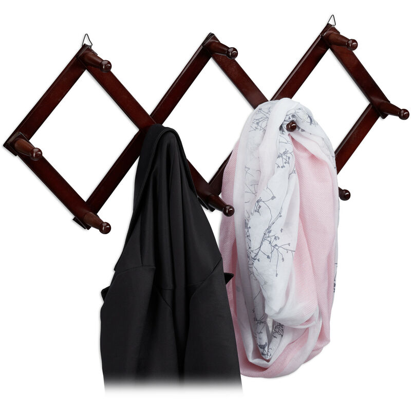 Relaxdays Wall-Mounted Coat Rack, Extendable Wardrobe, 10 Hooks, Stable, Wood, max. HWD: 5.5 x 87.5 x 7.5 cm, Dark Brown