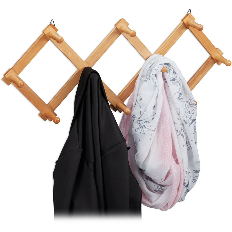 Relaxdays Wall-Mounted Coat Rack, Extendable Wardrobe, 10 Hooks, Stable, Wood, max. HWD: 5.5 x 87.5 x 7.5 cm, Natural