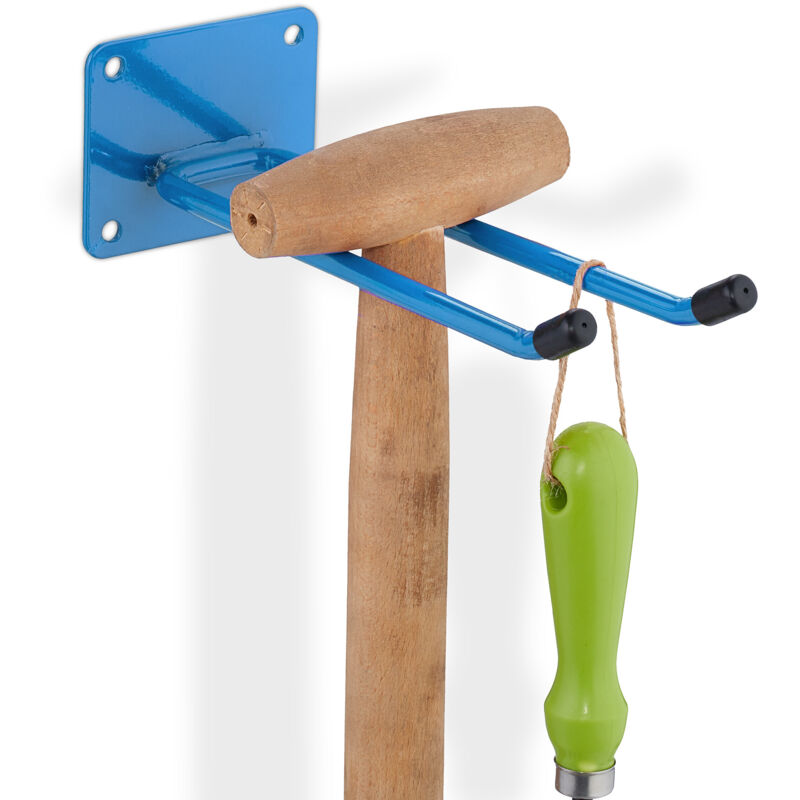 Relaxdays - Appliance Holder, Set Of 4, For Garden Tools, Garage, Wall Mounted, Double, 24 Cm Long Hooks, Steel, Blue
