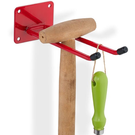 Relaxdays Appliance Holder, Garden Tools, Garage, Wall Mounted, Double, Long Hooks, Basement, 24 cm Length, Steel, Red