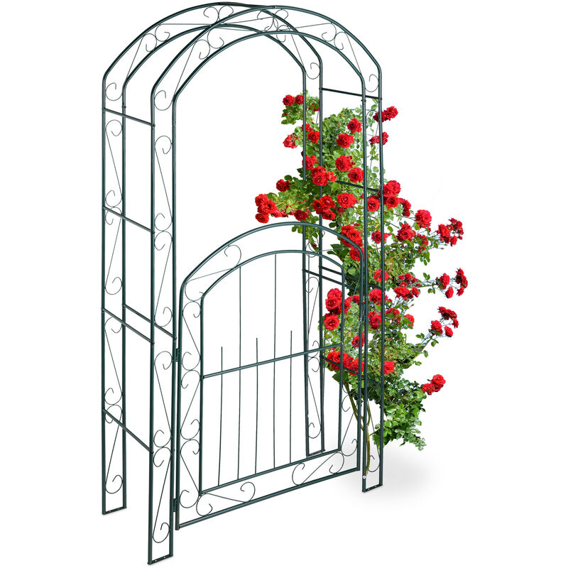 Arcade de rosiers avec porte, Arche pour plantes grimpantes, h x l x p: 215 x 115 x 43 cm, vert foncé - Relaxdays