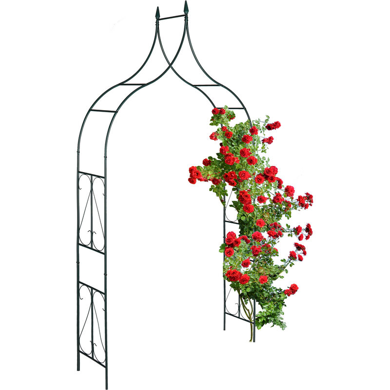 Arche à rosiers en métal, tuteur pour plantes grimpantes, HxLxP : 270 x 145 x 37 cm, pointes décoratives, vert - Relaxdays
