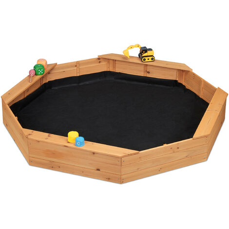 Relaxdays Arenero Niños, Octogonal, 4 Bancos, con Forro, 22,5 x 160 x 160 cm, Cajón de Arena, Madera de Abeto, Natural