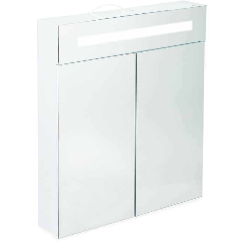 Armadietto da Bagno a Specchio, 2 Ante, 3 Scomparti, Presa Elettrica, Mobiletto Pensile con led, Acciaio, h x l x p: 67 x 60 x 12 cm, Bianco