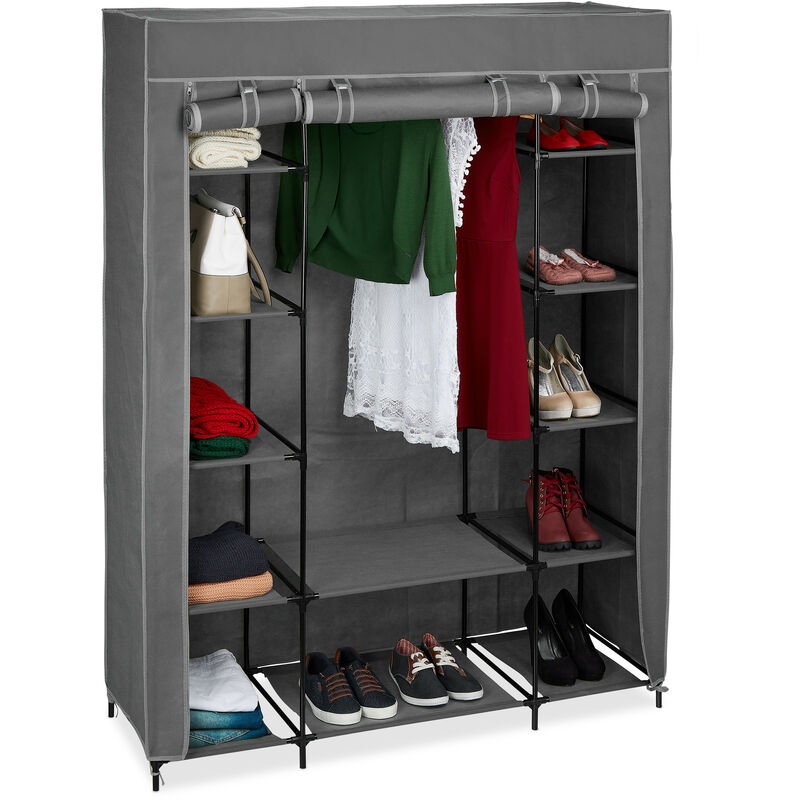 Relaxdays - Fabric Wardrobe With Clothes Rail & 12 Shelves, 175 X 135 X 45 Cm, Closet With Zipper, Clothes Storage, Grey